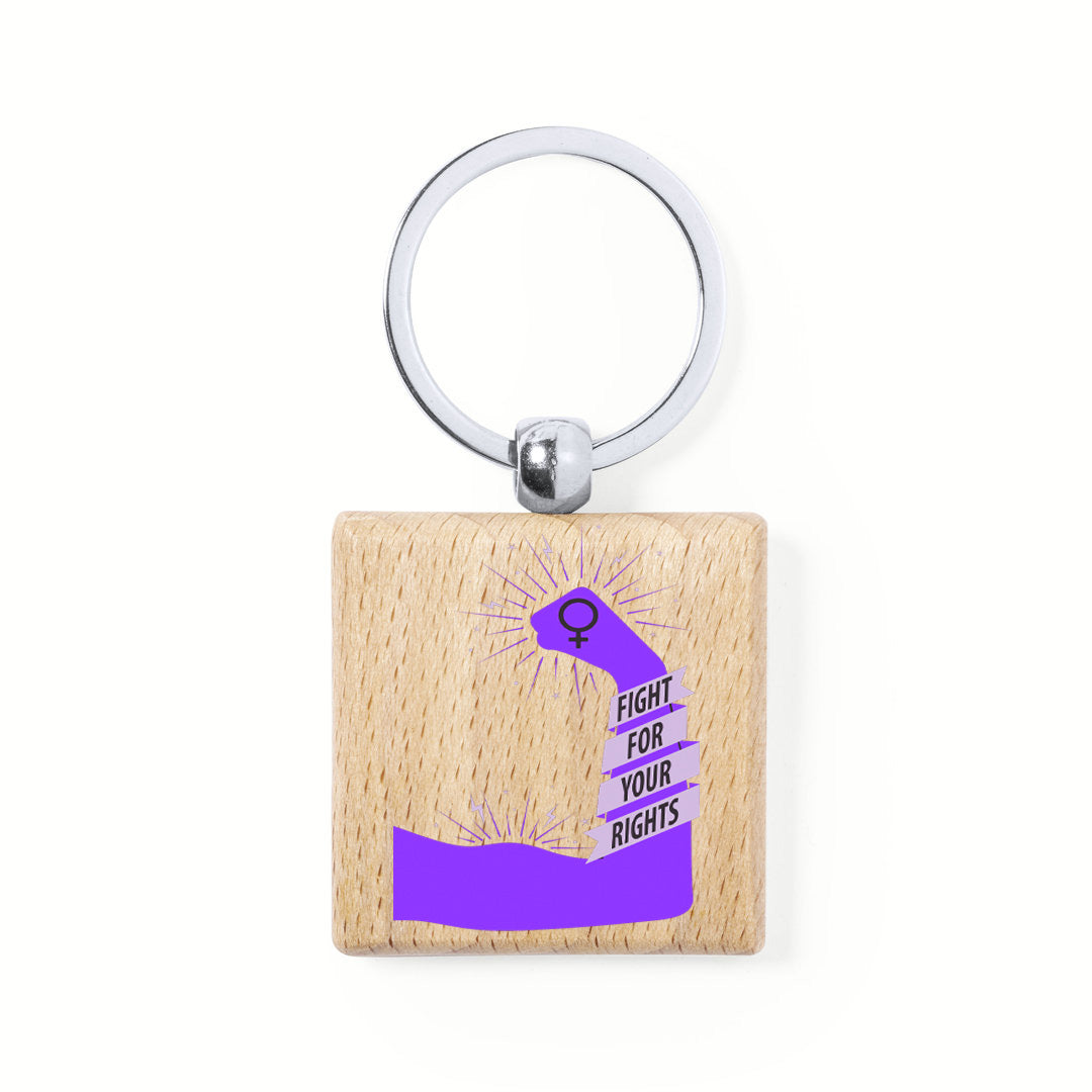 Llavero cuadrado de madera natural con mensaje del Día de la Mujer