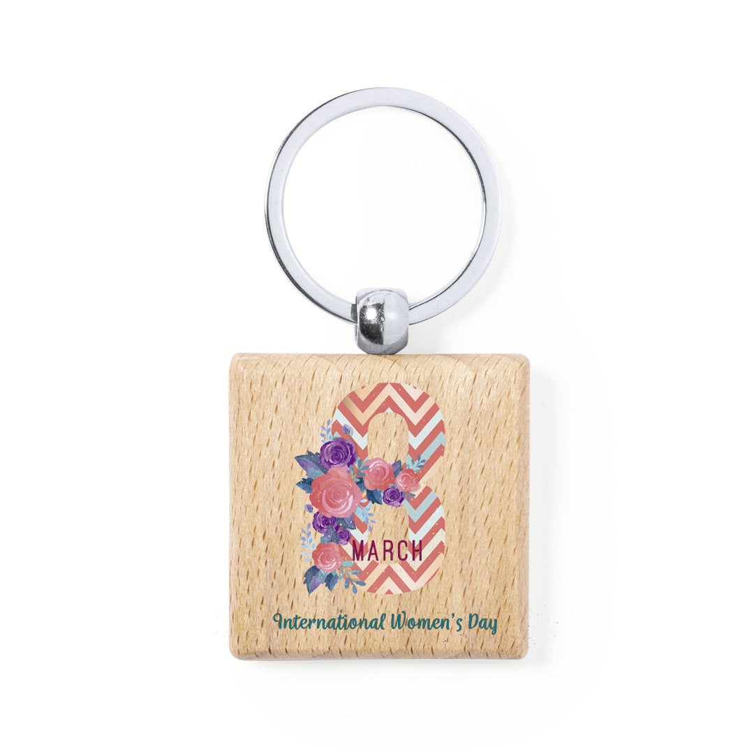 Llavero cuadrado de madera natural con mensaje del Día de la Mujer