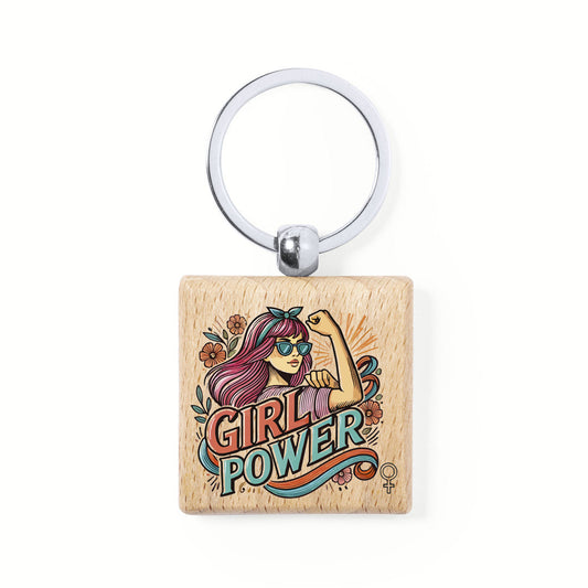 Llavero cuadrado de madera natural con mensaje del Día de la Mujer