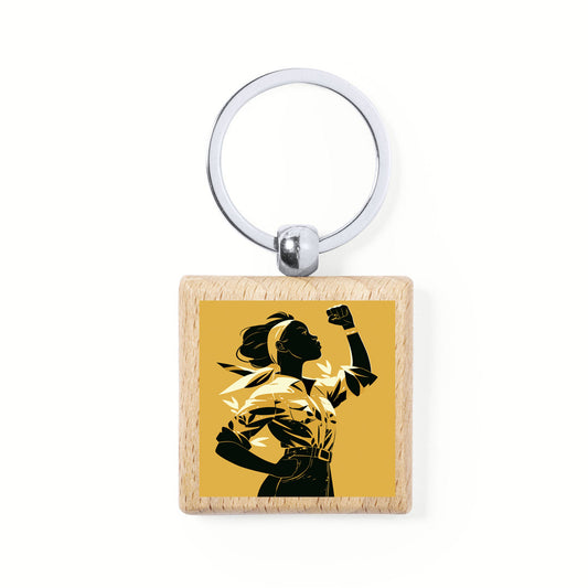 Llavero cuadrado de madera natural con mensaje del Día de la Mujer