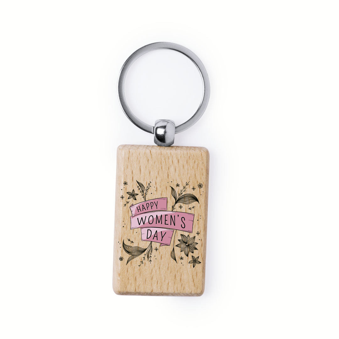 Llavero rectangular de madera natural con mensaje del Día de la Mujer