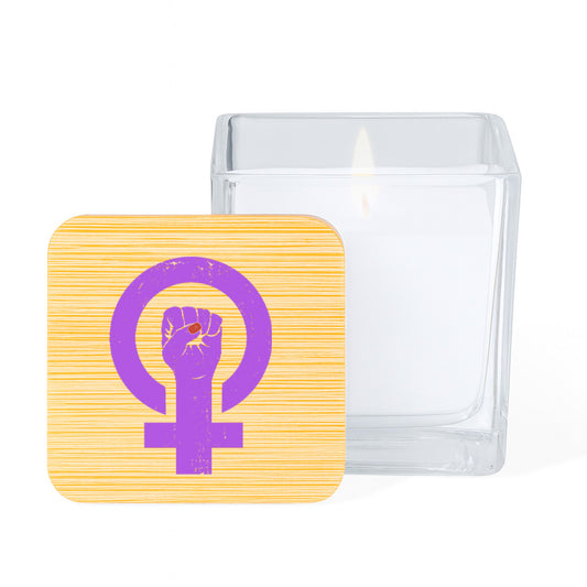 Vela aromática de vainilla con mensaje del Día de la Mujer en tarro de cristal con tapa de bambú