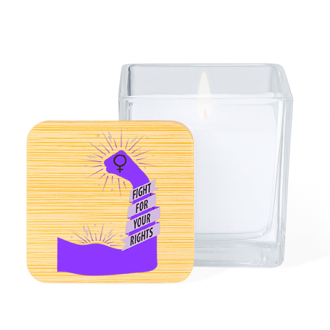 Vela aromática de vainilla con mensaje del Día de la Mujer en tarro de cristal con tapa de bambú