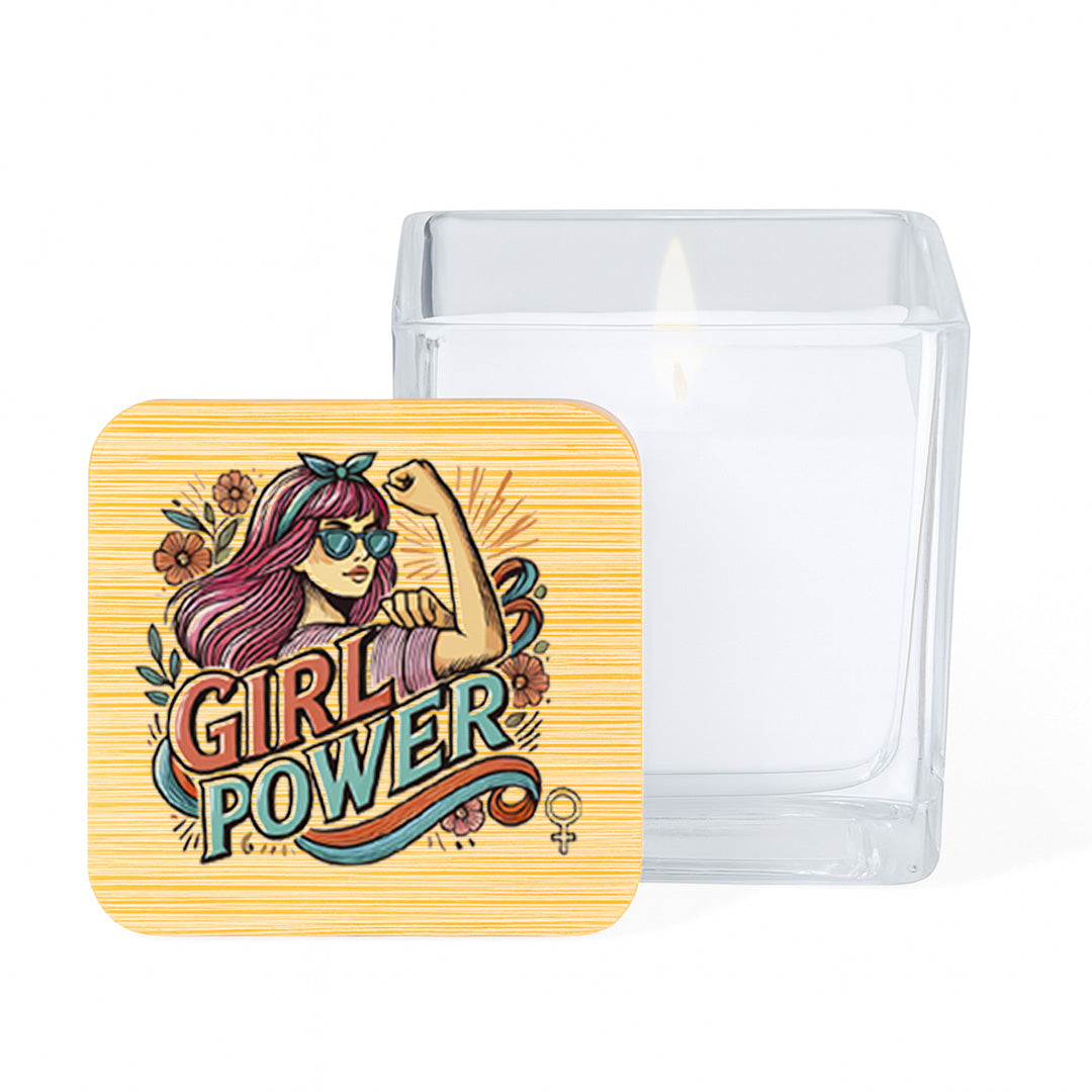 Vela aromática de vainilla con mensaje del Día de la Mujer en tarro de cristal con tapa de bambú