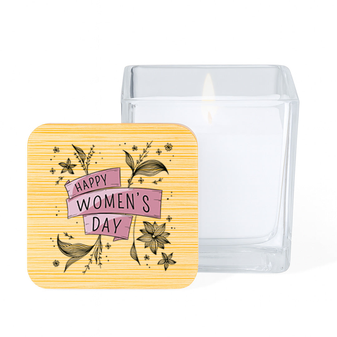 Vela aromática de vainilla con mensaje del Día de la Mujer en tarro de cristal con tapa de bambú