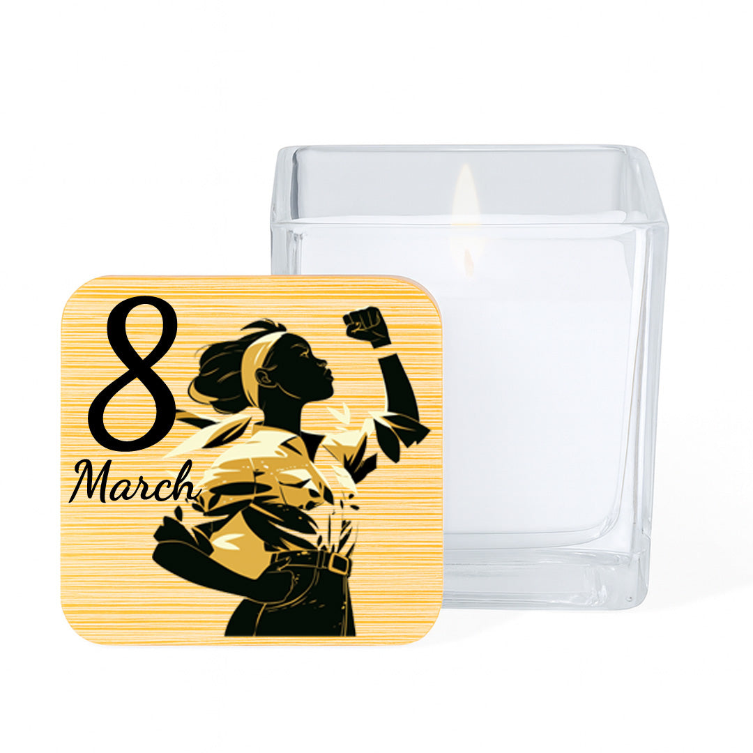 Vela aromática de vainilla con mensaje del Día de la Mujer en tarro de cristal con tapa de bambú