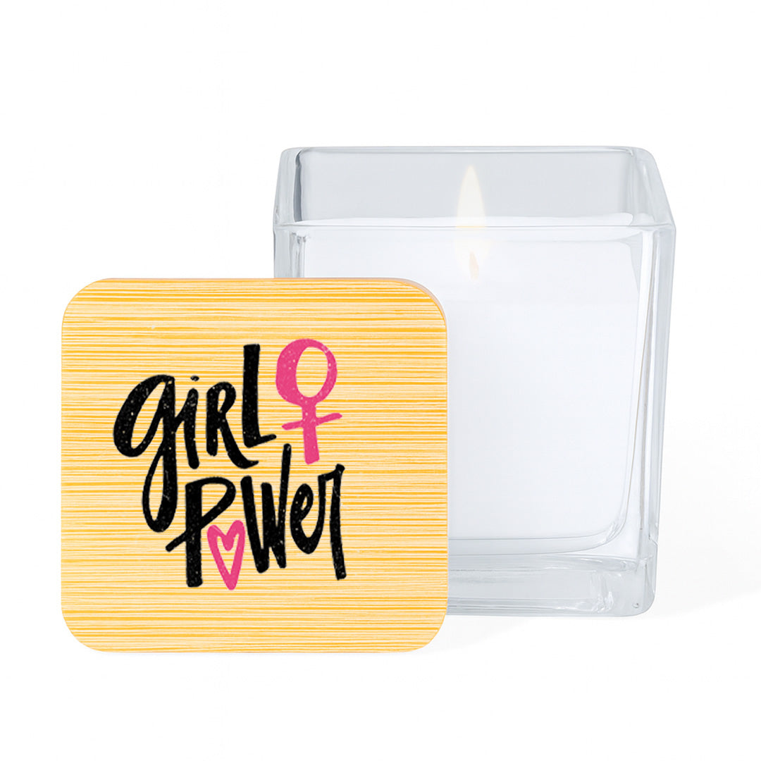 Vela aromática de vainilla con mensaje del Día de la Mujer en tarro de cristal con tapa de bambú