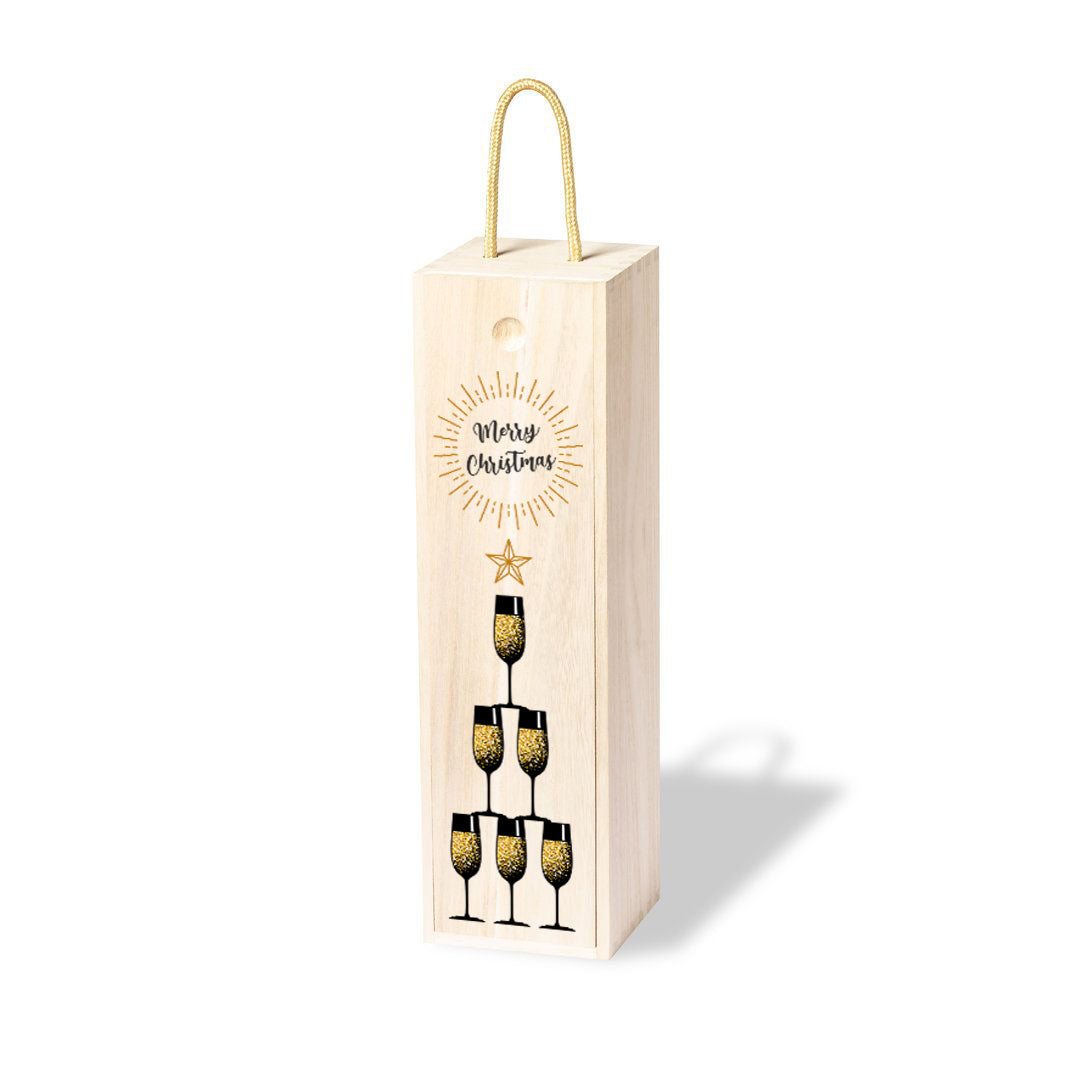 Caja de madera para botella de vino, con la tapa personalizada con motivo navideño: copas formando un árbol de navidad y la frase Merry Christmas