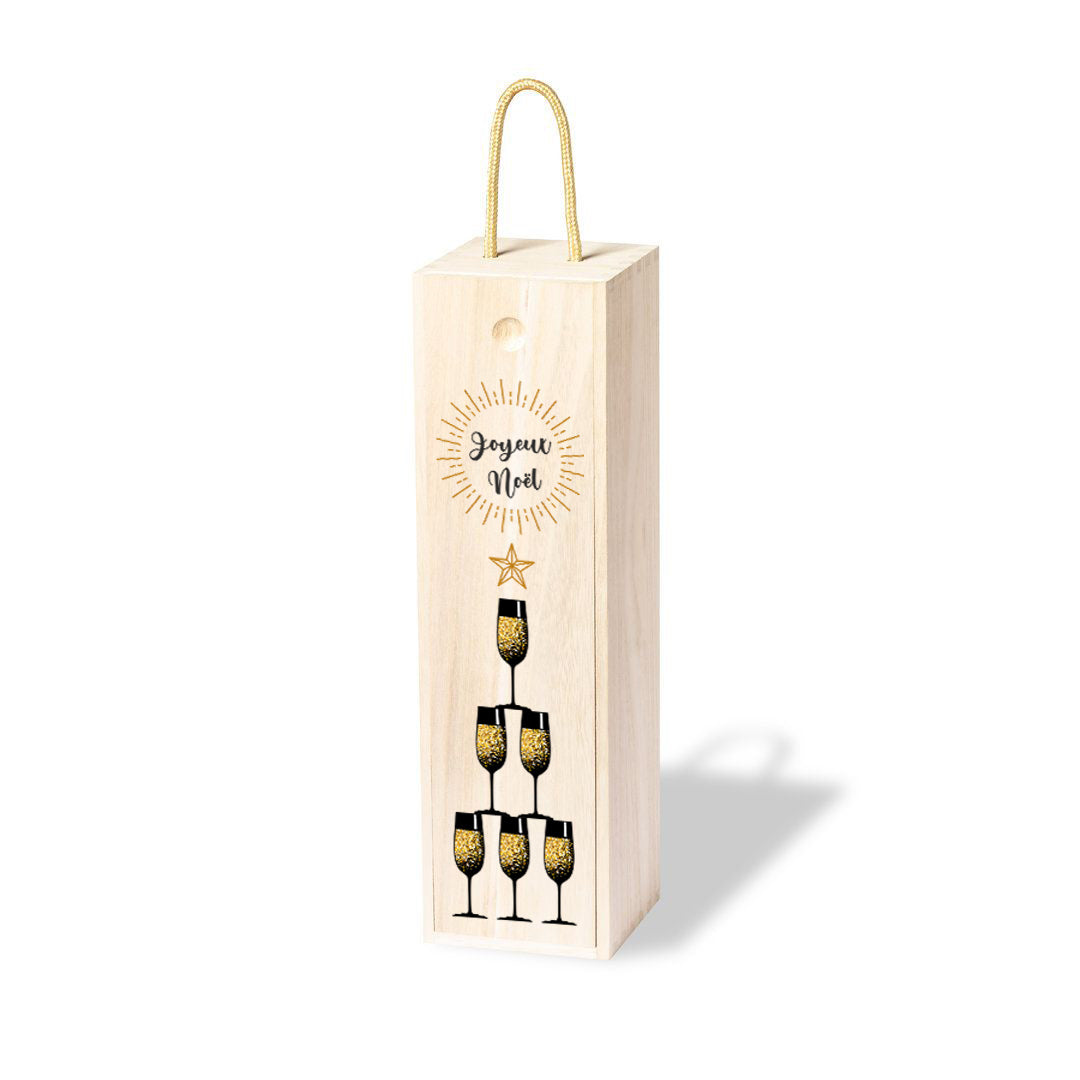 Caja de madera para botella de vino, con la tapa personalizada con motivo navideño: copas formando un árbol de navidad y la frase Joyeux Noël