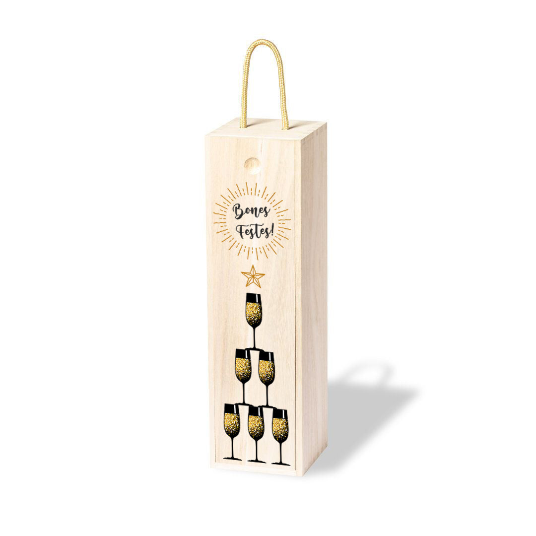 Caja de madera para botella de vino, con la tapa personalizada con motivo navideño: copas formando un árbol de navidad y la frase Bones Festes