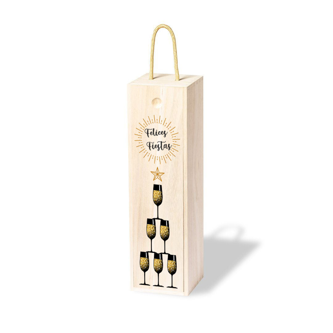 Caja de madera para botella de vino, con la tapa personalizada con motivo navideño: copas formando un árbol de navidad y la frase Felices Fiestas