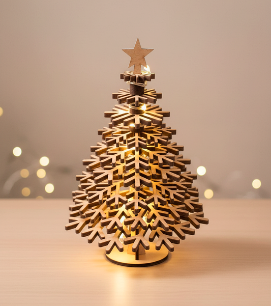 Arbol de navidad de madera formado por capas de círculos en forma de copito de nieve, de mayor a menor y acabado con una estrella