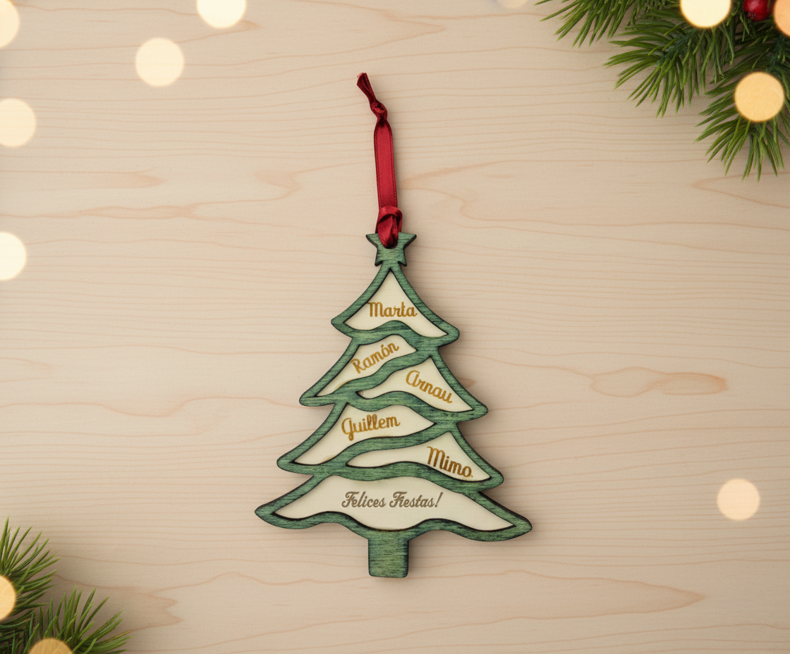 Adorno de Navidad en forma de árbol de madera a dos capas. Personalizable con nombres y mensaje grabados a láser. Incluye cinta roja para colgar. Detalle navideño único y artesanal.