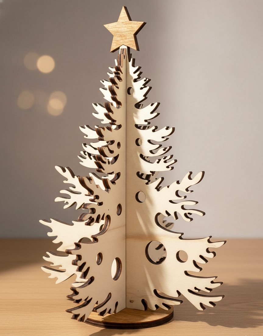 Árbol de Navidad de madera formado por dos piezas que encajan una dentro de la otra y sujetadas en una base. Con pequeños agujeros para colgar decoraciones navideñas. Color madera natural