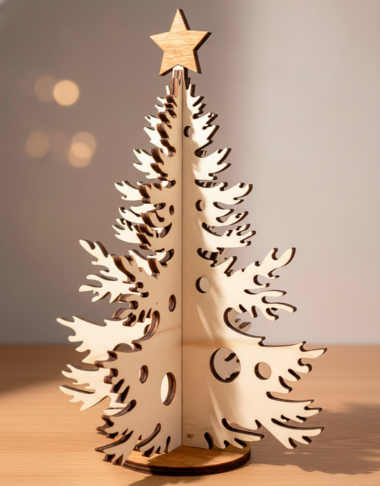 Árbol de Navidad de madera formado por dos piezas que encajan una dentro de la otra y sujetadas en una base. Con pequeños agujeros para colgar decoraciones navideñas. Color madera natural