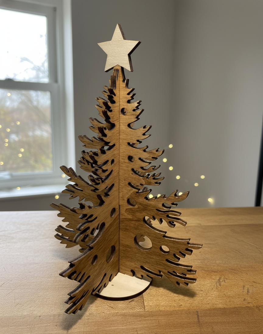 Árbol de Navidad de madera formado por dos piezas que encajan una dentro de la otra y sujetadas en una base. Con pequeños agujeros para colgar decoraciones navideñas. Color madera oscuro