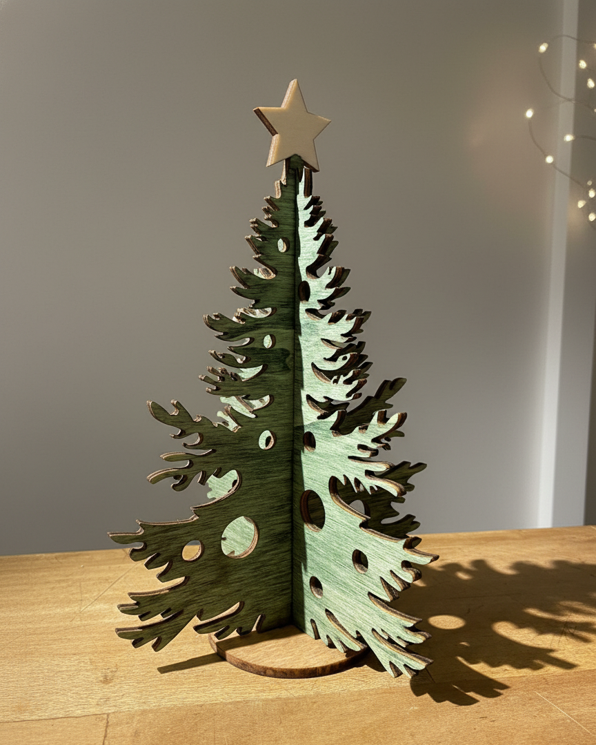 Árbol de Navidad de madera formado por dos piezas que encajan una dentro de la otra y sujetadas en una base. Con pequeños agujeros para colgar decoraciones navideñas. Color verde bosque