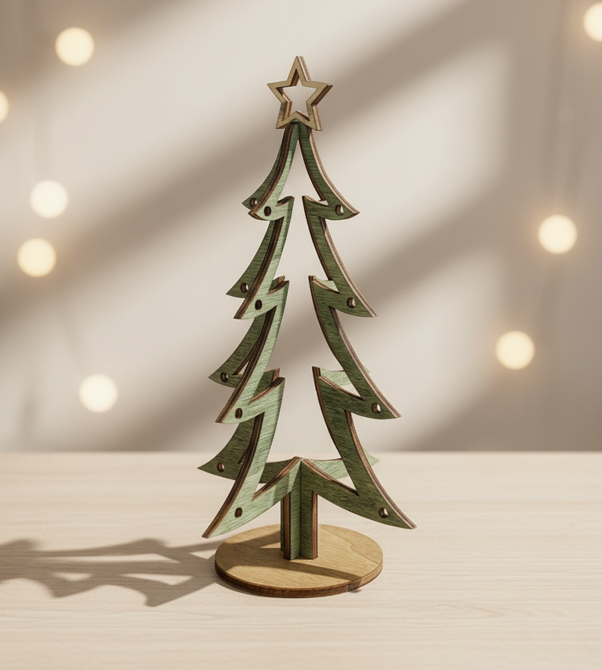 Árbol de Navidad de madera formado por dos piezas que encajan una dentro de la otra y sujetadas en una base. Con forma muy ligera para decorar de manera minimalista. Color verde bosque