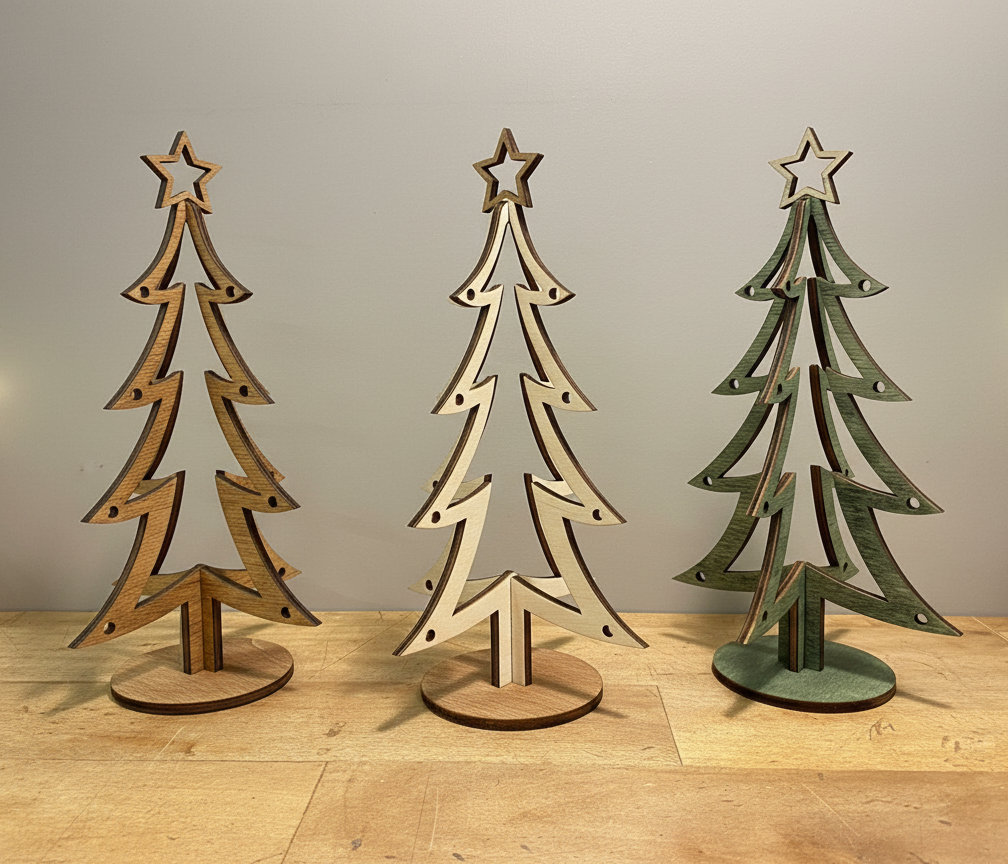 Árbol de Navidad de madera formado por dos piezas que encajan una dentro de la otra y sujetadas en una base. Con forma muy ligera para decorar de manera minimalista. Tres colores a elegir.