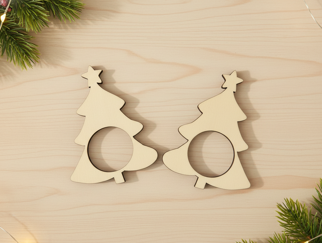 Argollas de madera personalizables con el nombre grabado a láser con distintas formas. Un árbol coronado con una estrella