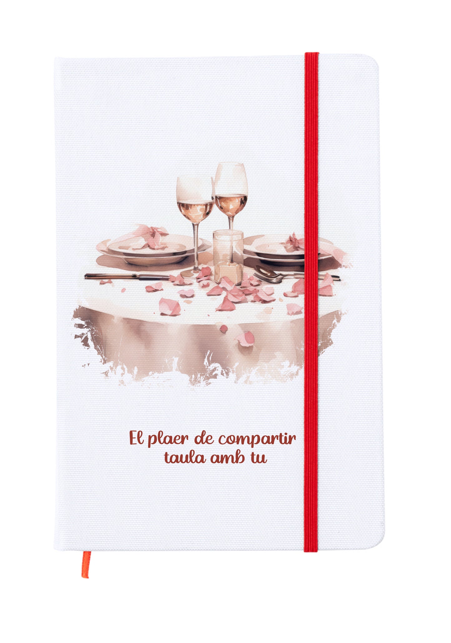 Libreta tamaño 15x20cm con goma elástica para cerrar de color rojo. Interior páginas en blanco para escribir compartiendo con la pareja. Portada a todo color con una ilustración romántica que forma parte de un conjunto para san valentin. El plaer de compartir taula amb tu