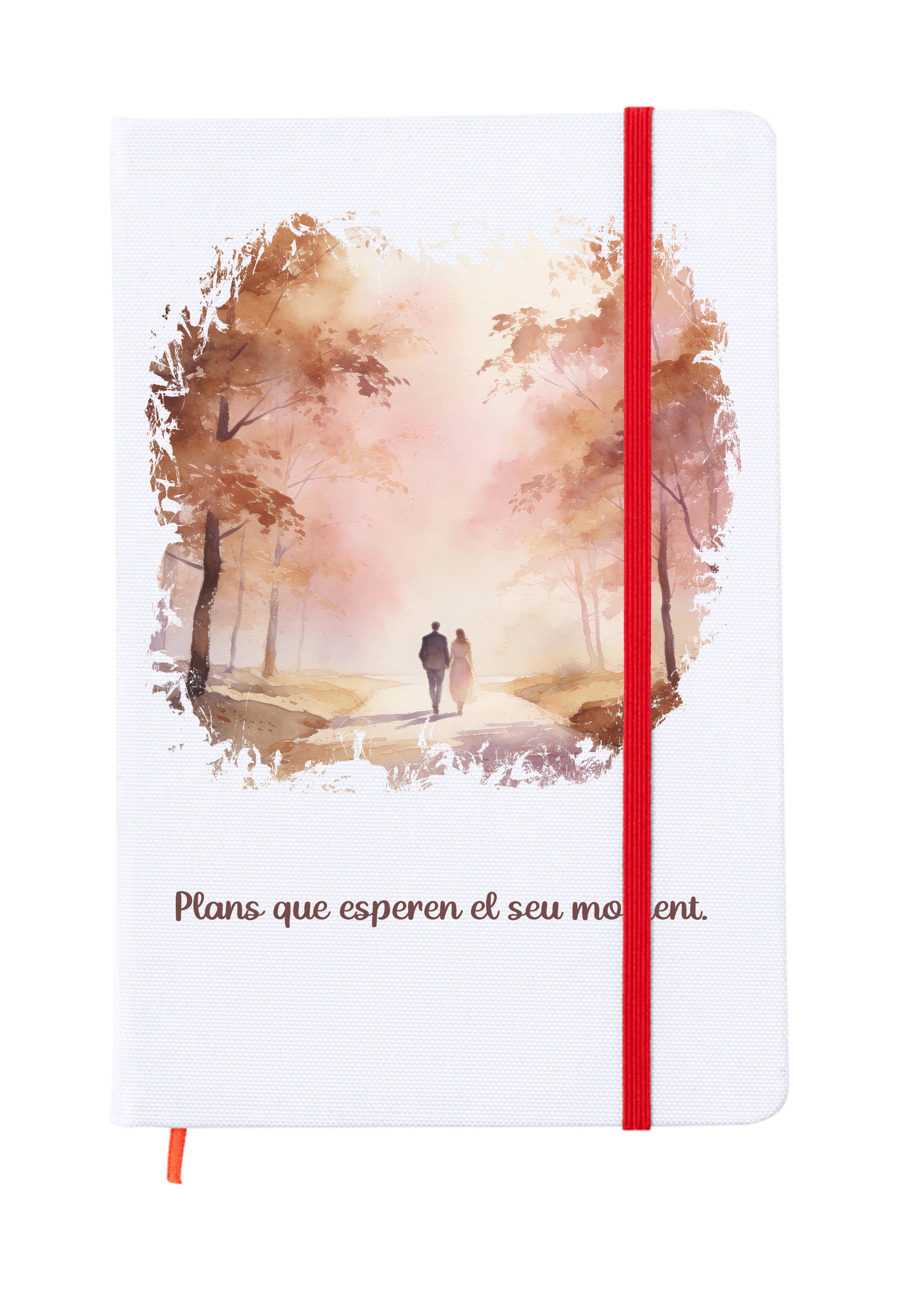 Libreta tamaño 15x20cm con goma elástica para cerrar de color rojo. Interior páginas en blanco para escribir compartiendo con la pareja. Portada a todo color con una ilustración romántica que forma parte de un conjunto para san valentin. Plans que esperen el seu moment