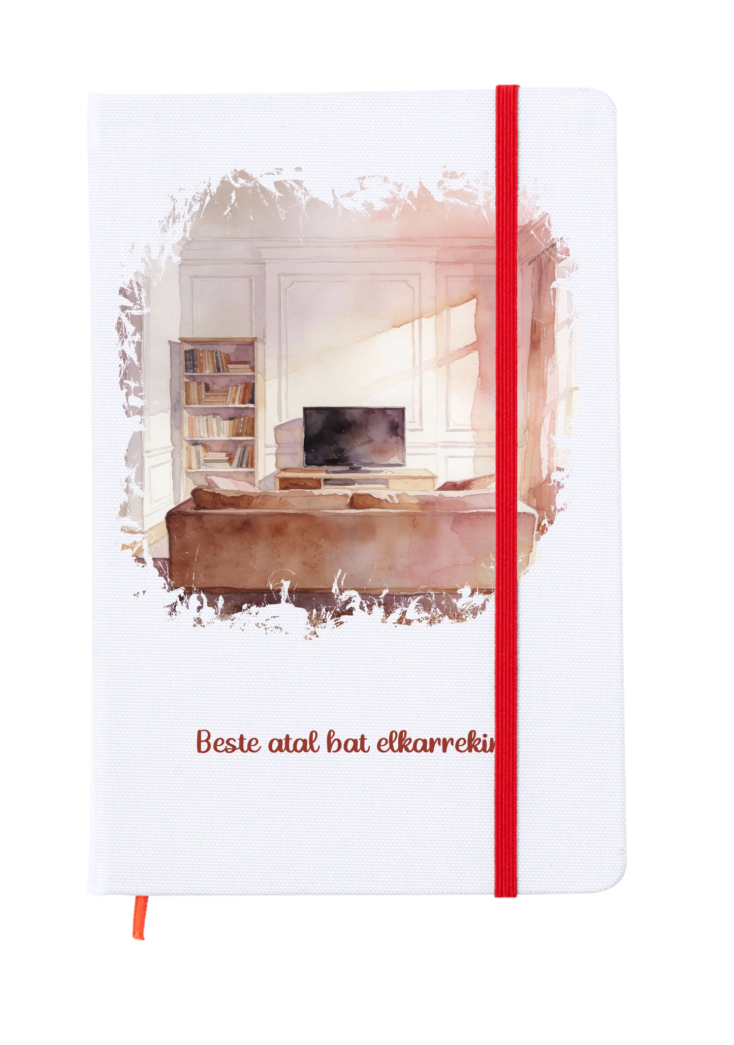 Libreta tamaño 15x20cm con goma elástica para cerrar de color rojo. Interior páginas en blanco para escribir compartiendo con la pareja. Portada a todo color con una ilustración romántica que forma parte de un conjunto para san valentin. Beste atal bat elkarrekin