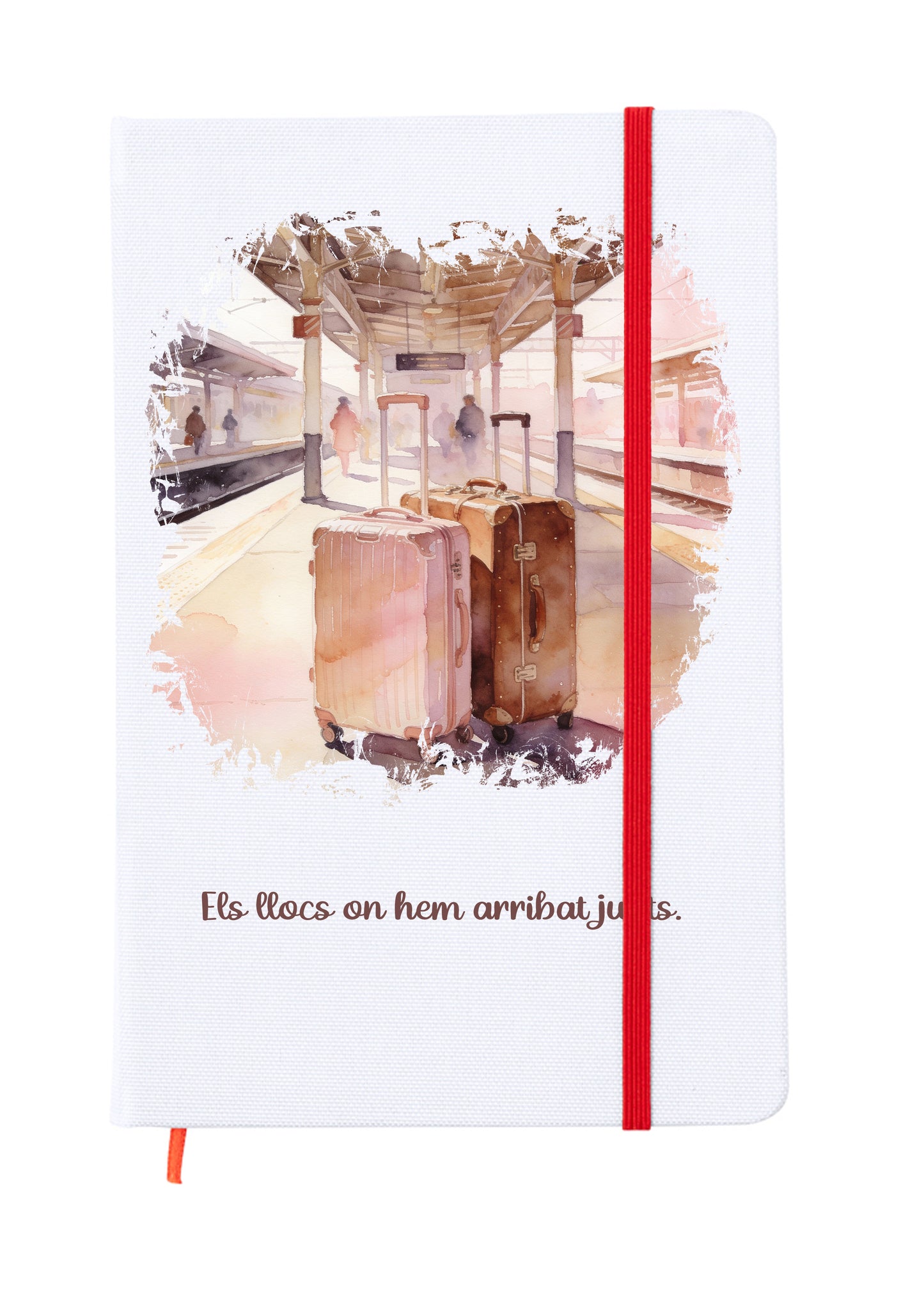 Libreta tamaño 15x20cm con goma elástica para cerrar de color rojo. Interior páginas en blanco para escribir compartiendo con la pareja. Portada a todo color con una ilustración romántica que forma parte de un conjunto para san valentin. Els llocs on hem arribat junts