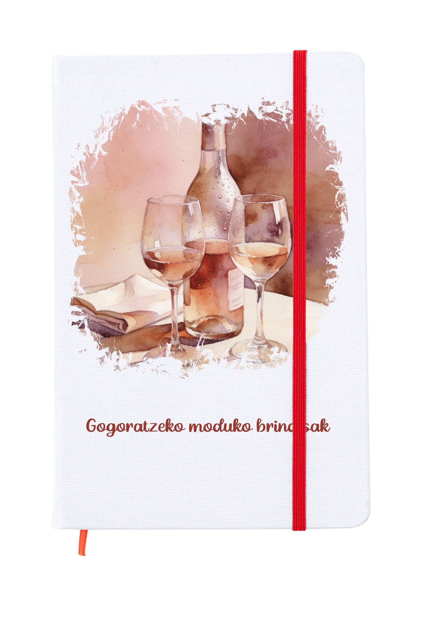 Libreta tamaño 15x20cm con goma elástica para cerrar de color rojo. Interior páginas en blanco para escribir compartiendo con la pareja. Portada a todo color con una ilustración romántica que forma parte de un conjunto para san valentin. Gogoratzeko moduko brindisak