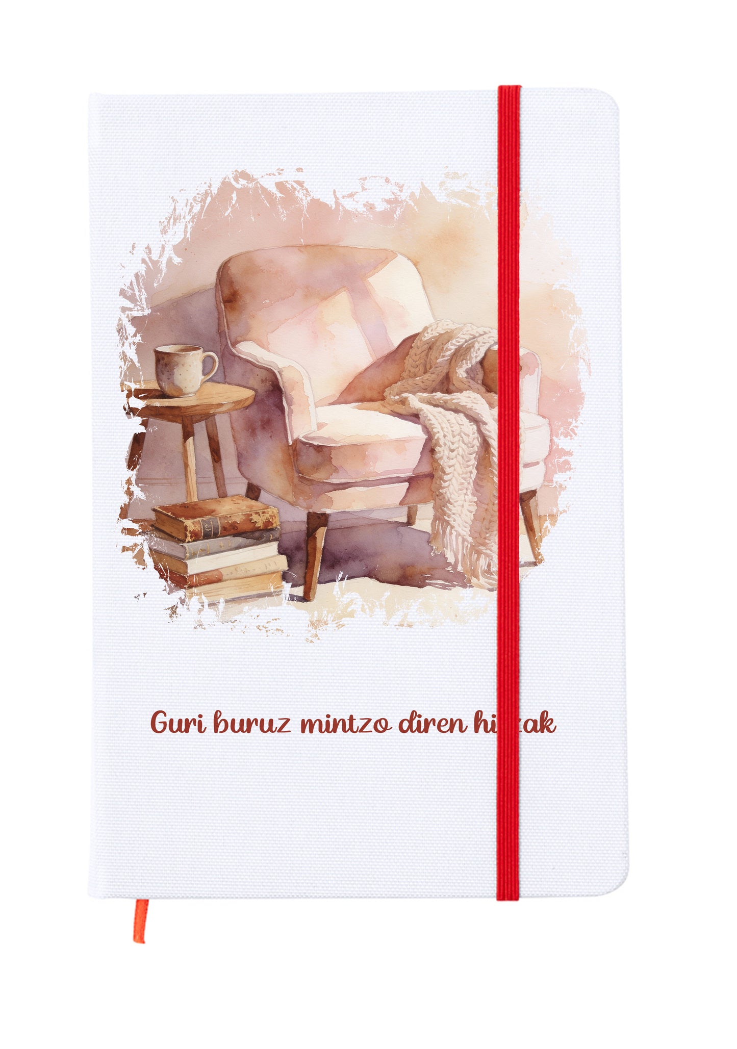 Libreta tamaño 15x20cm con goma elástica para cerrar de color rojo. Interior páginas en blanco para escribir compartiendo con la pareja. Portada a todo color con una ilustración romántica que forma parte de un conjunto para san valentin. Guri buruz mintzo diren hitzak