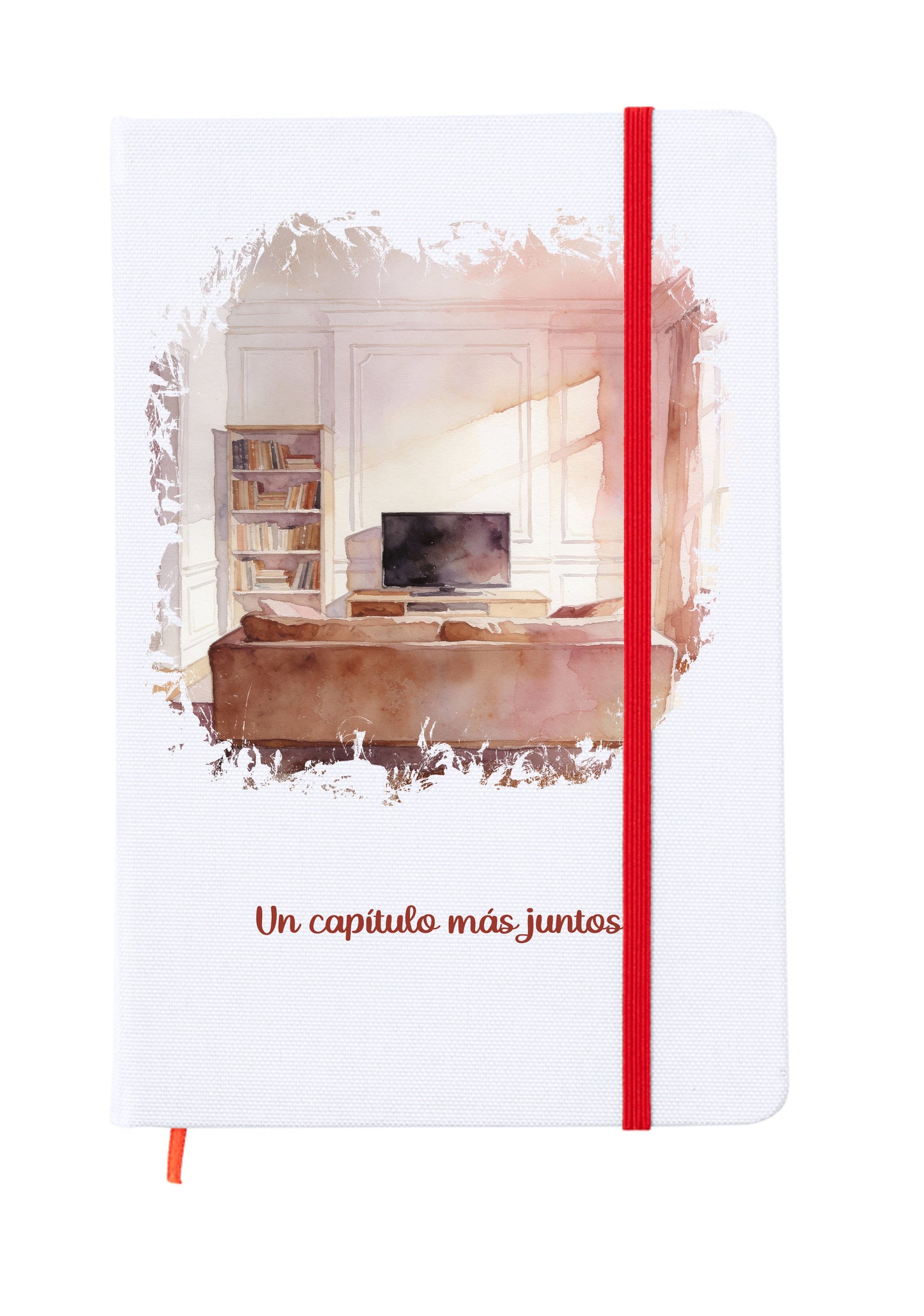 Libreta tamaño 15x20cm con goma elástica para cerrar de color rojo. Interior páginas en blanco para escribir compartiendo con la pareja. Portada a todo color con una ilustración romántica que forma parte de un conjunto para san valentin. Un capítulo más juntos