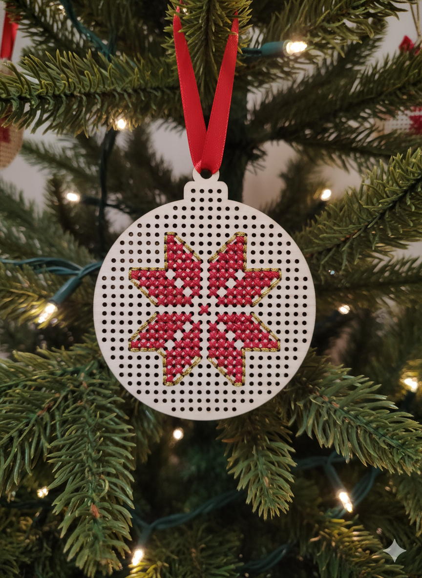 Adorno navideño de madera personalizado con punto de cruz con una estrella roja y dorada. Elemento diy para personalizar a tu gusto.