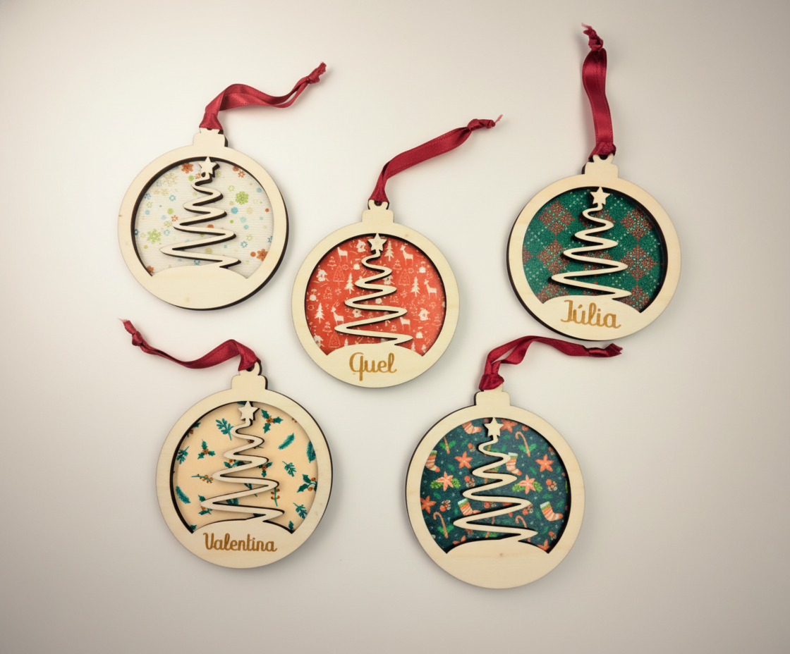 Adorno de madera para el árbol de navidad de dos niveles, fondo impreso directo y capa superior grabada con el nombre personalizado