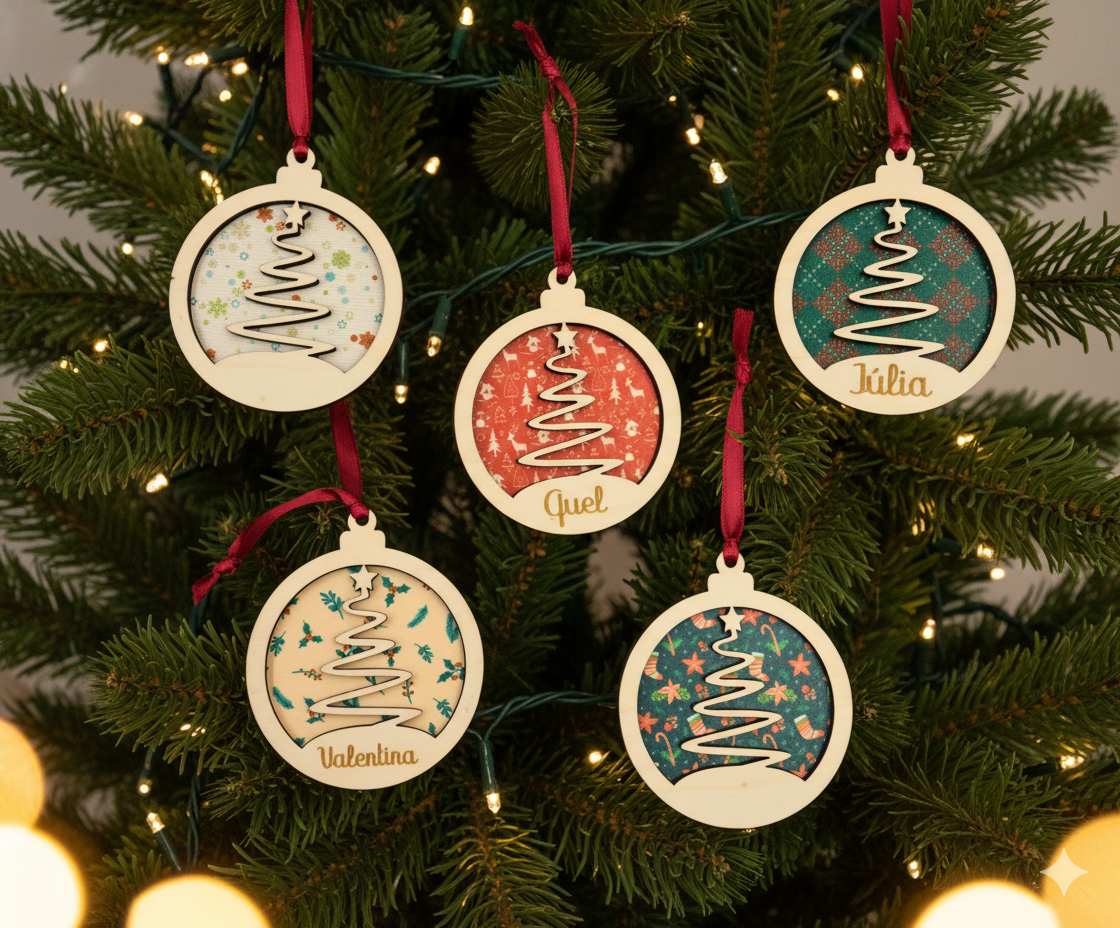 Adorno de madera para el árbol de navidad de dos niveles, fondo impreso directo y capa superior grabada con el nombre personalizado