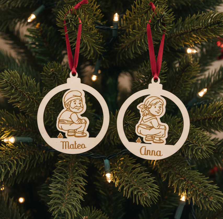 Bola de Nadal de fusta personalitzable amb nom gravat a làser, decorada amb la figura del Caganer del pessebre.