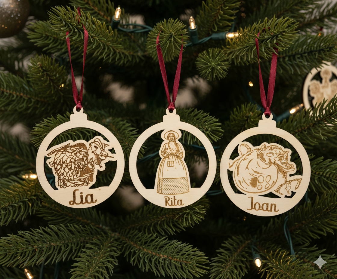 Bolas para el árbol de Navidad de madera con las figuras típicas de la Bisbal: la geganta Rigoberta, el Drac de Dracs i el Drac La Rèplica. Personalizads con nombre grabado a láser