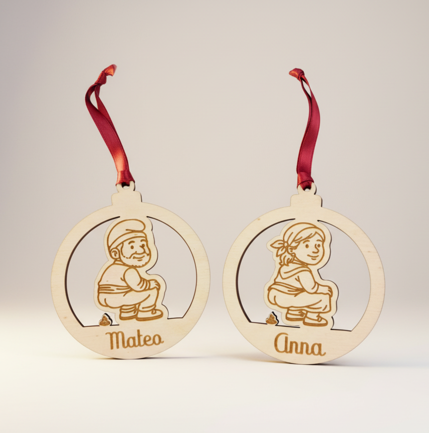 Bola de Nadal de fusta personalitzable amb nom gravat a làser, decorada amb la figura del Caganer del pessebre.