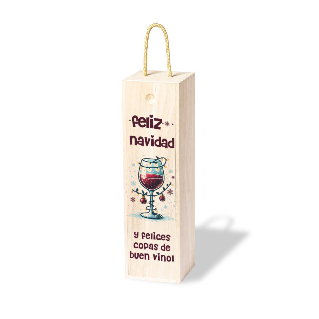 Caja de Madera para botella de vino, edición Navidad con dibujo de una copa de vino decorada de navidad y el texto "Feliz Navidad y felices copas de buen vino"