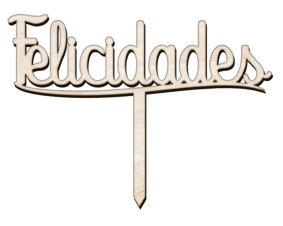 Detalle del topper de madera para tarta "felicidades". Tiene una patita para poder clavarse en la tarta.