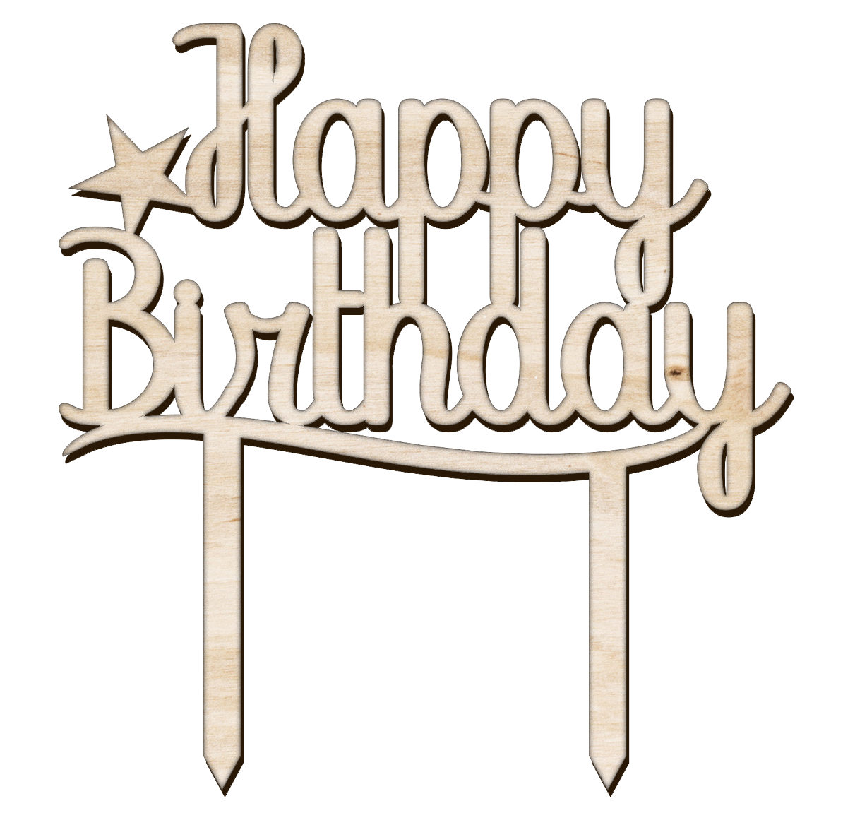 Detalle del topper de madera para tarta "Happy Birthday". Tiene dos patitas para poder clavarse en la tarta.