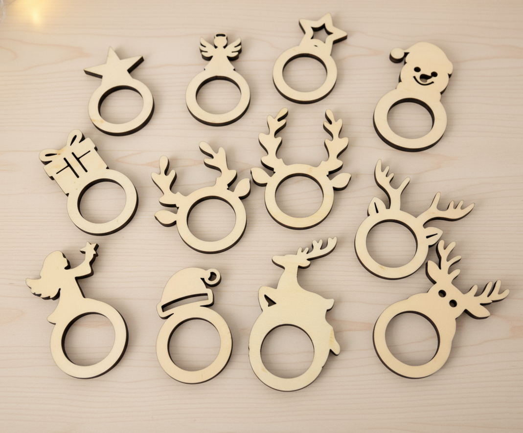 Argollas de madera personalizables con el nombre grabado a láser con distintas formas. 