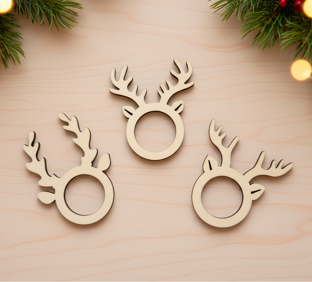 Argollas de madera personalizables con el nombre grabado a láser con distintas formas. Tres renos de Papá Noel