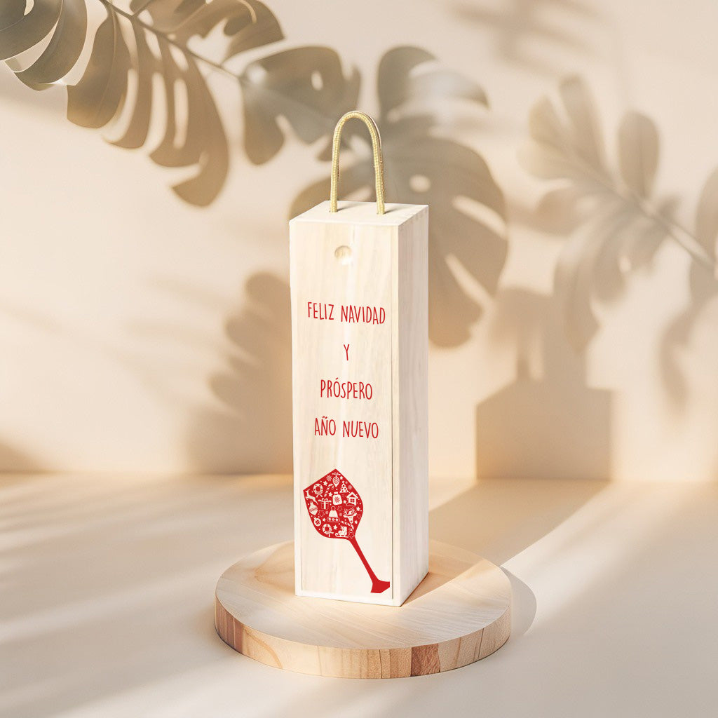 Caja de Madera para botella de vino, edición Navidad con dibujo de una copa de vino roja y el texto "Feliz Navidad y Próspero Año Nuevo"