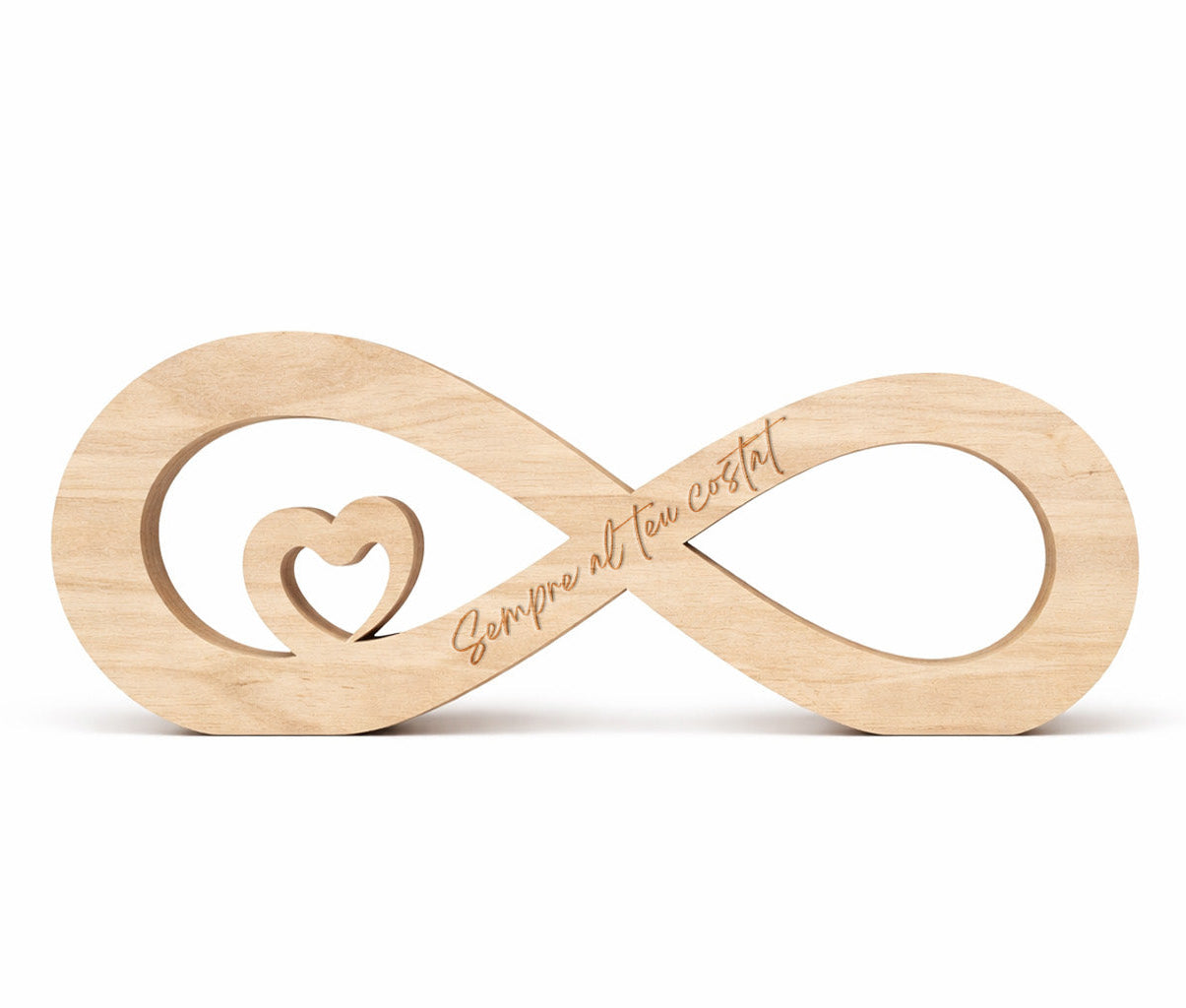 Figura decorativa de madera de haya natural en forma de infinito con un pequeño corazón en su interior y un mensaje grabado a láser ideal para el día de san valentín. Regalo para enamorados. Sempre al teu costat