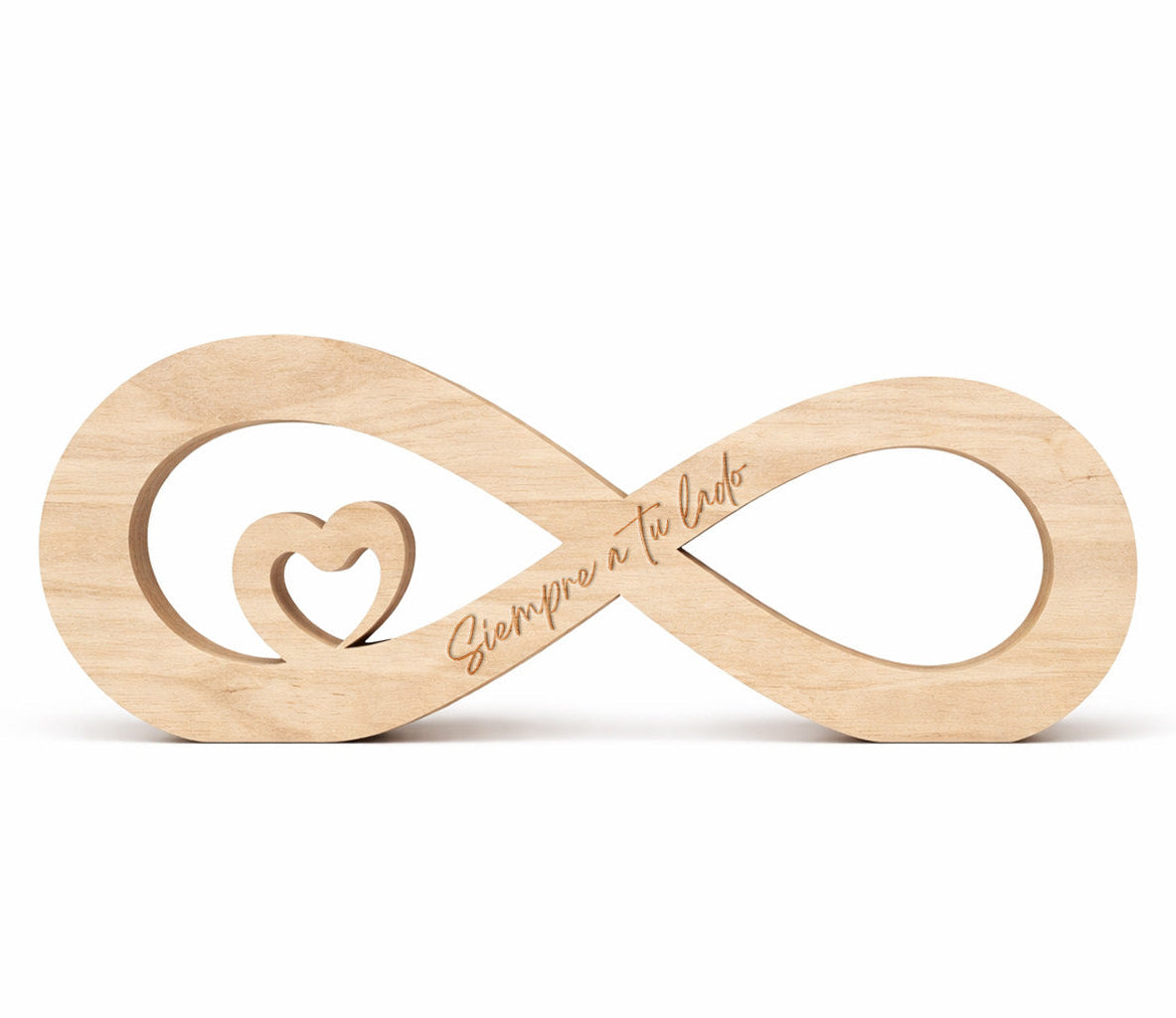 Figura decorativa de madera de haya natural en forma de infinito con un pequeño corazón en su interior y un mensaje grabado a láser ideal para el día de san valentín. Regalo para enamorados. Siempre a tu lado.