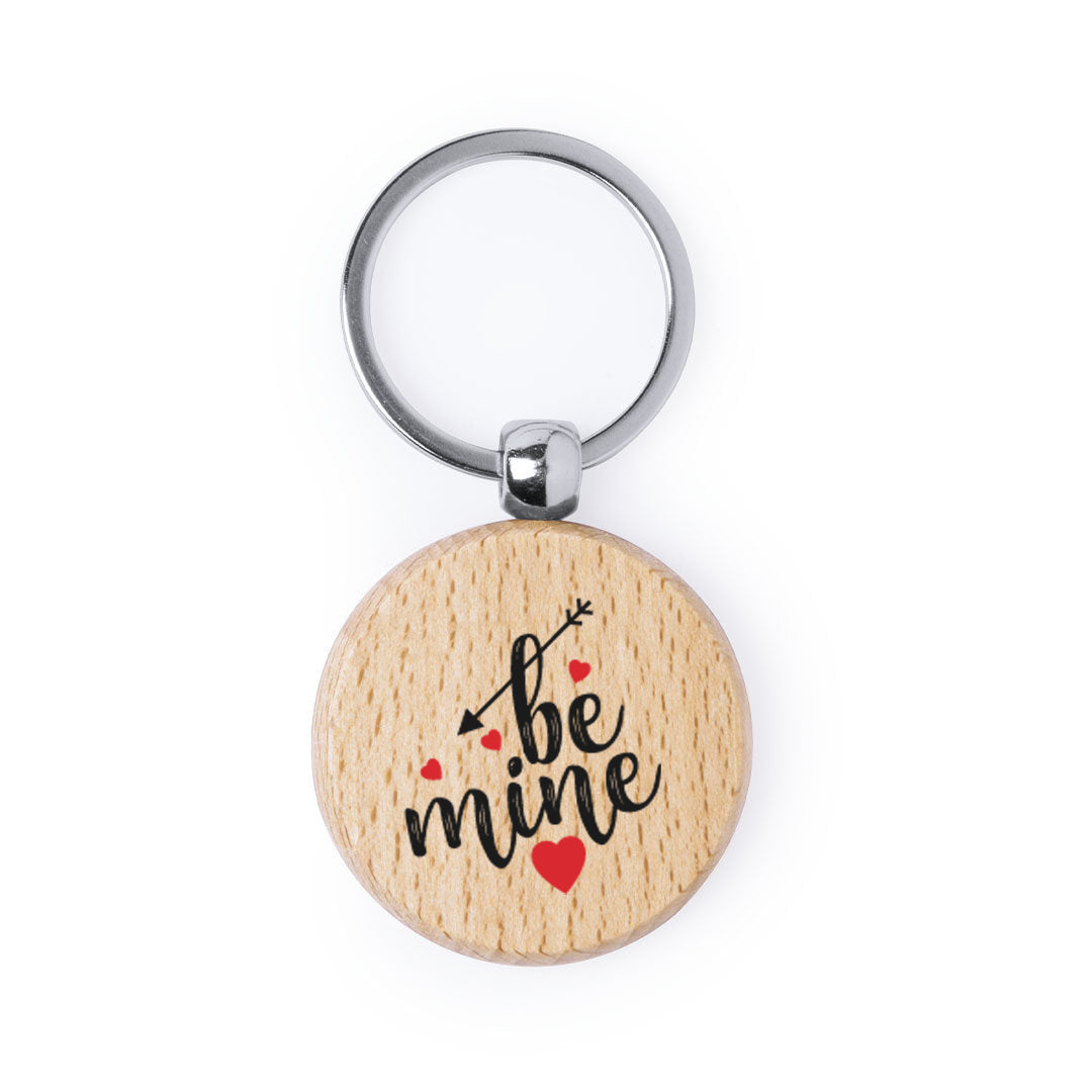 Llavero de madera natural redondo con impresión a todo color por una cara especial san valentin, parejas, enamorados. Be Mine