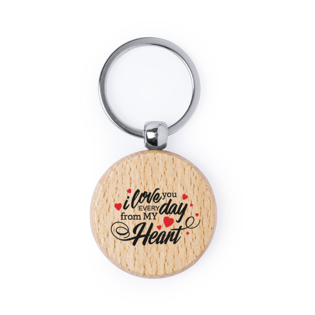 Llavero de madera natural redondo con impresión a todo color por una cara especial san valentin, parejas, enamorados. I love you every day from my heart