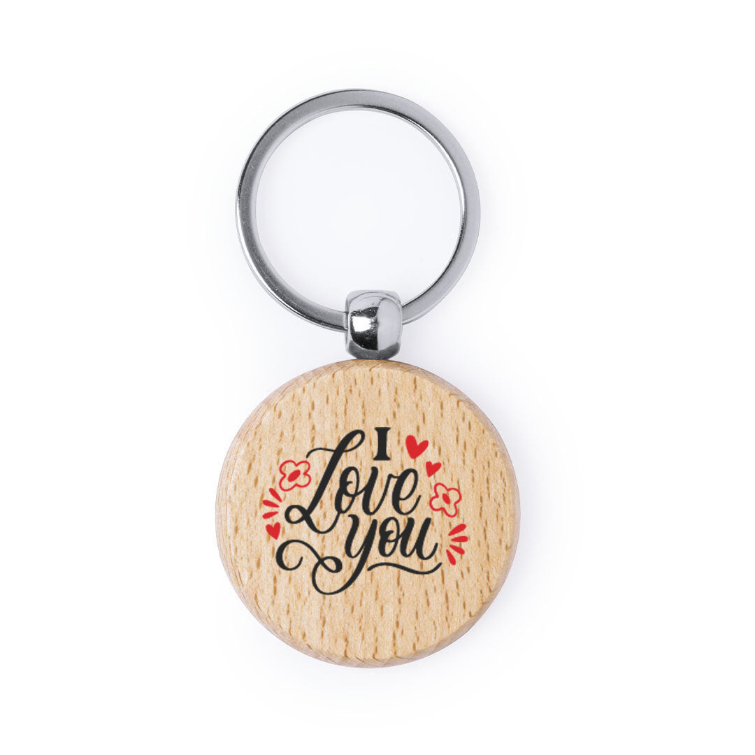 Llavero de madera natural redondo con impresión a todo color por una cara especial san valentin, parejas, enamorados. I love you