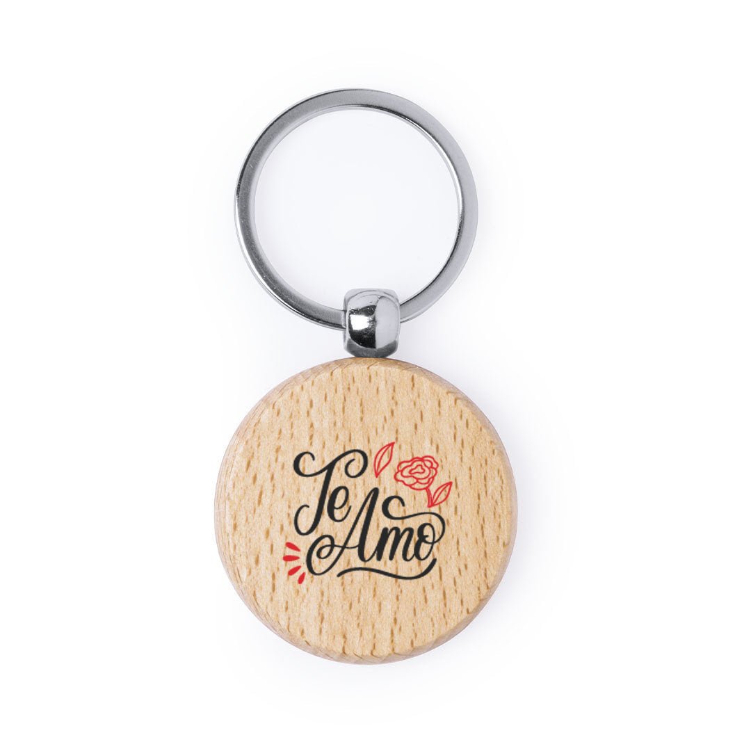 Llavero de madera natural redondo con impresión a todo color por una cara especial san valentin, parejas, enamorados. Te amo
