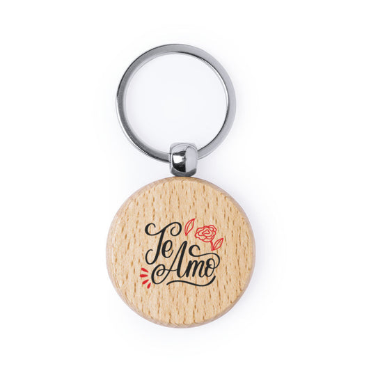 Llavero de madera natural redondo con impresión a todo color por una cara especial san valentin, parejas, enamorados. Te amo